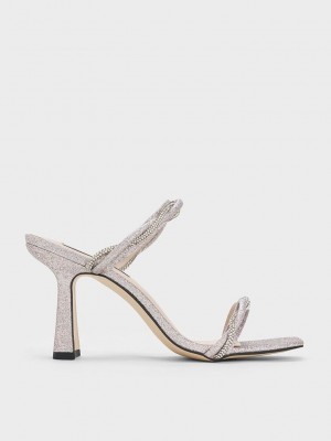 Charles & Keith Embellished Twisted Askılı Glittered Sandals Gümüş | JQUD-02349