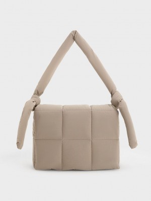 Charles & Keith Errya Naylon Kapitone Puffy Crossbody Bag Gri Kahverengi | SEWZ-12068