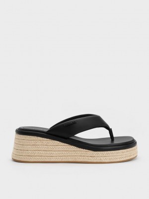 Charles & Keith Espadril Tanga Sandals Siyah | CGHW-21893