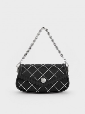 Charles & Keith Este Chain Handle Satin Bag Siyah | BUTV-96058