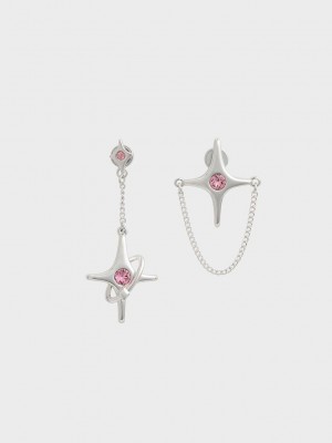 Charles & Keith Estelle Star Crystal Mismatch Drop Earrings Gümüş | SBGO-60293