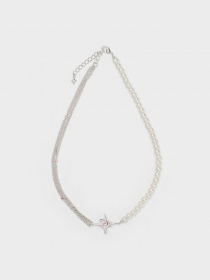 Charles & Keith Estelle Star & Pearl Choker Necklace Gümüş | WJRF-71698