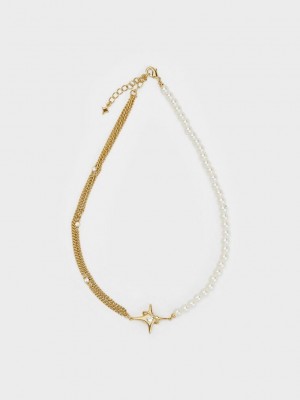Charles & Keith Estelle Star & Pearl Choker Necklace Altın | VYUC-40723