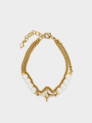 Charles & Keith Estelle Star & Pearls Double Chain-Link Bracelet Altın | KVHI-83152