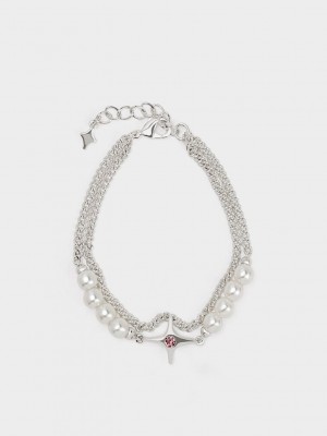 Charles & Keith Estelle Star & Pearls Double Chain-Link Bracelet Gümüş | FOVE-76845