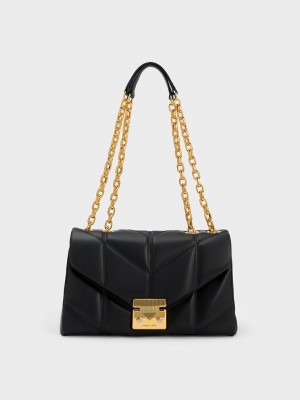 Charles & Keith Eudora Chevron Trapeze Bag Siyah | YASW-94251