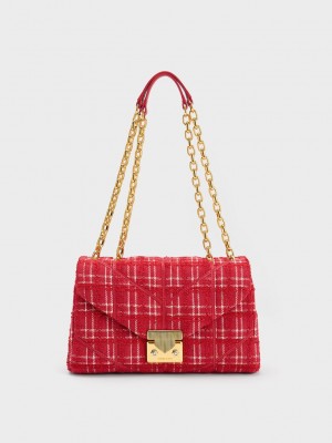 Charles & Keith Eudora Tweed Trapeze Bag Kırmızı | AHJR-73618