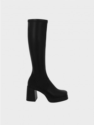 Charles & Keith Evie Platform Block-Heel Knee-High Boots Siyah | GEMY-50746