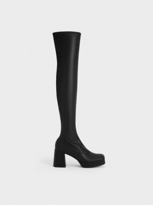 Charles & Keith Evie Platform Thigh-High Boots Siyah | DALR-01265