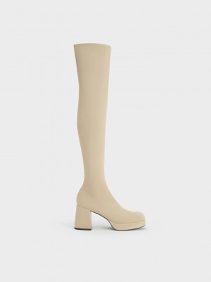 Charles & Keith Evie Textured Platform Thigh-High Boots Bej Rengi | GYNV-81324