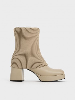 Charles & Keith Evie Örme-Sock Ankle Boots Gri Kahverengi | KFLA-37691