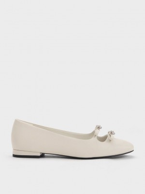 Charles & Keith Floral Beaded Bow Ballerinas Pembe | OSAB-14825