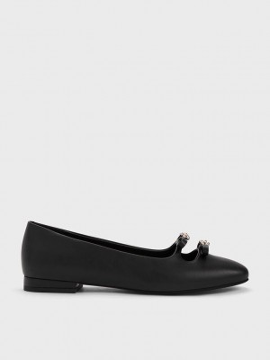 Charles & Keith Floral Beaded Bow Ballerinas Siyah | TARQ-37850