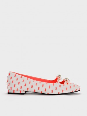 Charles & Keith Floral Beaded Printed Bow Ballerinas Mercan Pembe | NARU-15924
