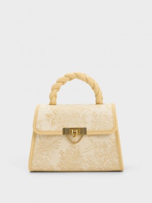 Charles & Keith Floral Illustrated Trapeze Bag Bej Rengi | FZAE-24753