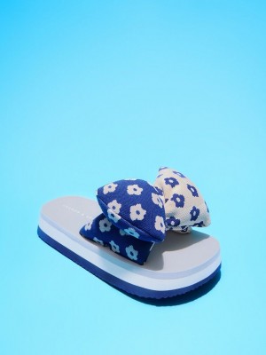 Charles & Keith Floral Puffy Bow Slides Mavi | YSXJ-58632