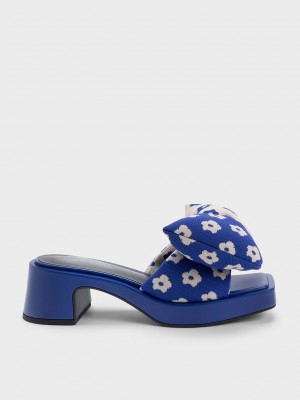 Charles & Keith Floral Puffy Bow Topuklu Mules Mavi | EYDR-65908