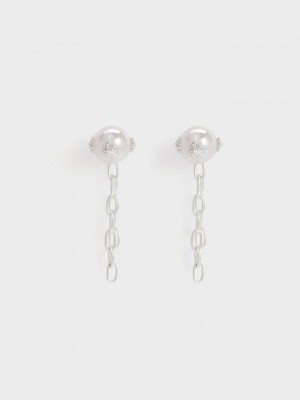 Charles & Keith Flower-Embellished Pearl Drop Earrings Gümüş | IBLZ-70824