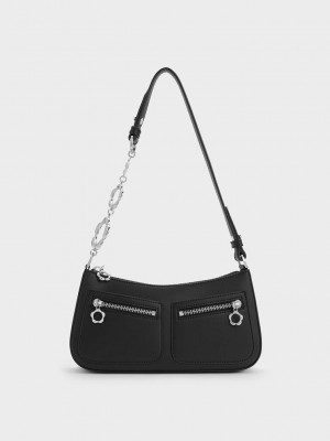 Charles & Keith Flower-Embellished Shoulder Bag Siyah | HPJZ-30945