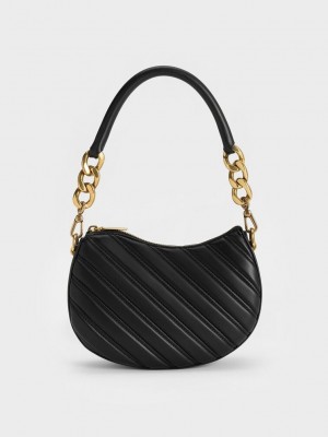 Charles & Keith Freja Curved Panelled Bag Siyah | WIGE-32096