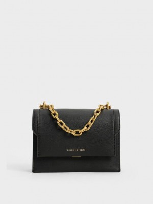 Charles & Keith Front Flap Chain Handle Crossbody Bag Siyah | MTXI-76825