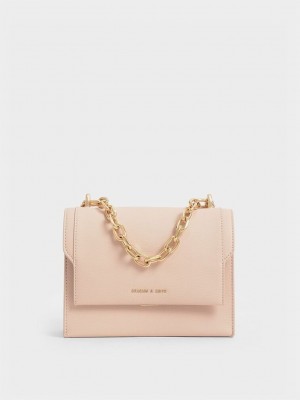 Charles & Keith Front Flap Chain Handle Crossbody Bag Açık Pembe | TEOZ-48730