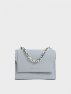 Charles & Keith Front Flap Chain Handle Crossbody Bag Gri Mavi | SJYO-14685