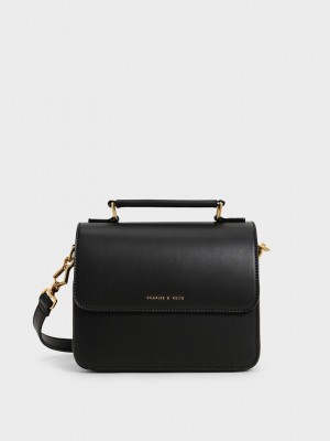 Charles & Keith Front Flap Top Handle Crossbody Bag Siyah | UJTG-83241