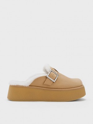 Charles & Keith Fur-Astar Buckled Flatform Mules Kahverengi | TRNU-14276