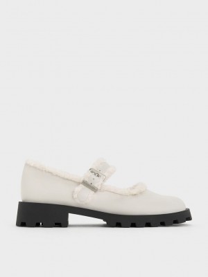 Charles & Keith Fur-Trim Buckled Mary Janes Pembe | XFWN-40928