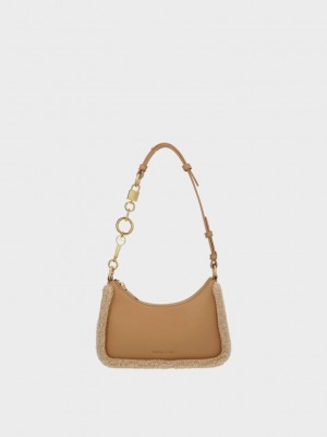 Charles & Keith Fur-Trim Lock & Key Chain Handle Bag Kahverengi | WLGF-84061