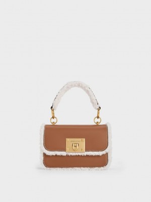 Charles & Keith Fur-Trim Structured Top Handle Bag Kahverengi | NWFV-79250