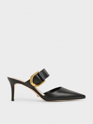 Charles & Keith Gabine Buckled Deri Mule Pumps Siyah | JHTI-59412