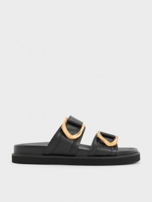 Charles & Keith Gabine Buckled Deri Slides Siyah | SZFX-76539