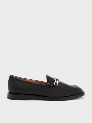 Charles & Keith Gabine Chain-Link Deri Loafers Siyah | BFJE-52178