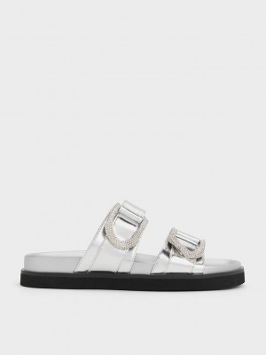 Charles & Keith Gabine Crystal-Embellished Metallic Deri Slides Gümüş | OGUT-48605