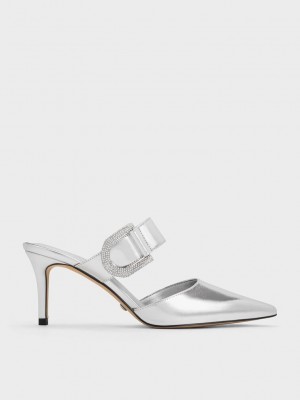 Charles & Keith Gabine Deri Metallic Crystal-Embellished Mule Pumps Gümüş | EGTH-94076