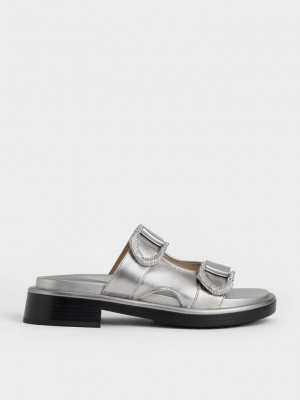 Charles & Keith Gabine Deri Slides Mavi Gri | TDJE-65927