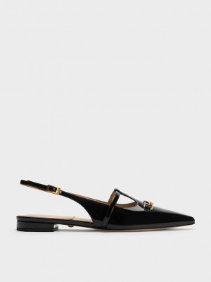 Charles & Keith Gabine Deri T-Bar Arkası Açık Flats Siyah | KOHZ-36140