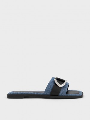 Charles & Keith Gabine Deri & Denim Terlik Sandals Mavi | FYQV-91058