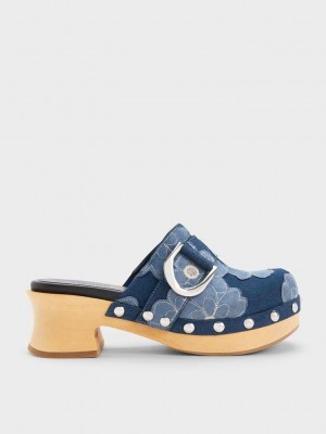 Charles & Keith Gabine Floral Denim Studded Clogs Mavi | APGR-43569