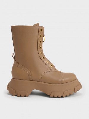 Charles & Keith Gabine Front Zip Ankle Boots Kahverengi | ALVR-70142