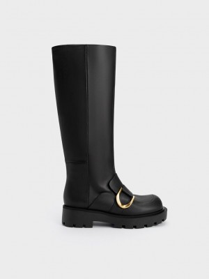 Charles & Keith Gabine Loafer Knee-High Boots Siyah | CTWH-50276