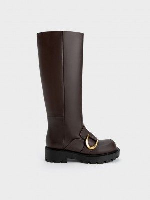 Charles & Keith Gabine Loafer Knee-High Boots Koyu Kahverengi | WQLX-78650