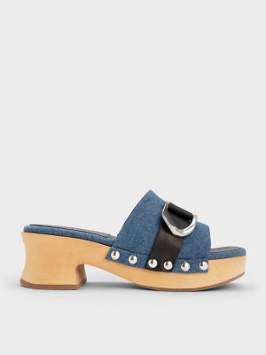 Charles & Keith Gabine Studded Denim & Deri Clogs Mavi | THMY-94236
