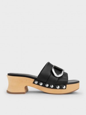 Charles & Keith Gabine Studded Deri Clogs Siyah | MWEZ-40391
