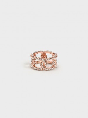 Charles & Keith Gabine Swarovski Crystal Chain-Link Ring Pembe Altın | NHXL-80951