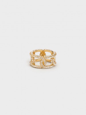 Charles & Keith Gabine Swarovski Crystal Chain-Link Ring Altın | TZBE-79586