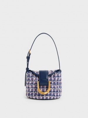 Charles & Keith Gabine Tweed Bucket Bag Lacivert | WOEV-56781