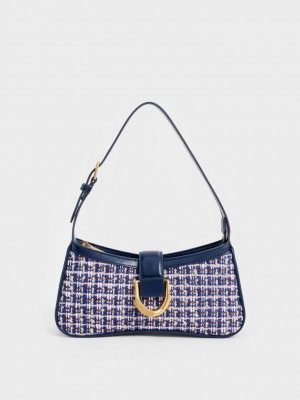 Charles & Keith Gabine Tweed Curved Shoulder Bag Lacivert | GJHR-81746